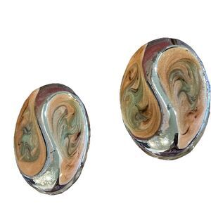 80s Abstract Swirl Enamel Oval Post Earrings Silver Tone Peach Sage Green⁠ Vtg